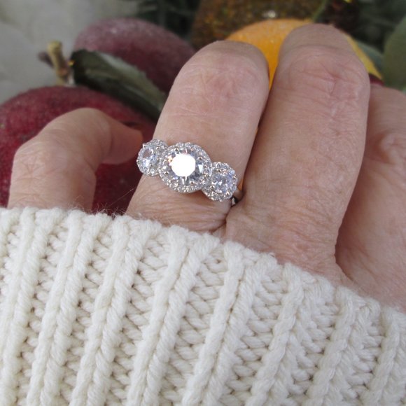 Brilliant Cut Simulated Diamond 3 Stone Sterling Ring>Halo set,CZ Wedding Band - Picture 5 of 5